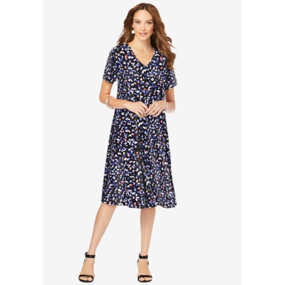 Size 22/24 3X MULTI-COLOR ABSTRACT V-NECK MIDI SWING DRESS Summer Wedding PLUS - Picture 5 of 5